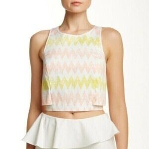 1 State | Chevron Crop Top Pink Yellow Sleeveless Size L Crew Neck